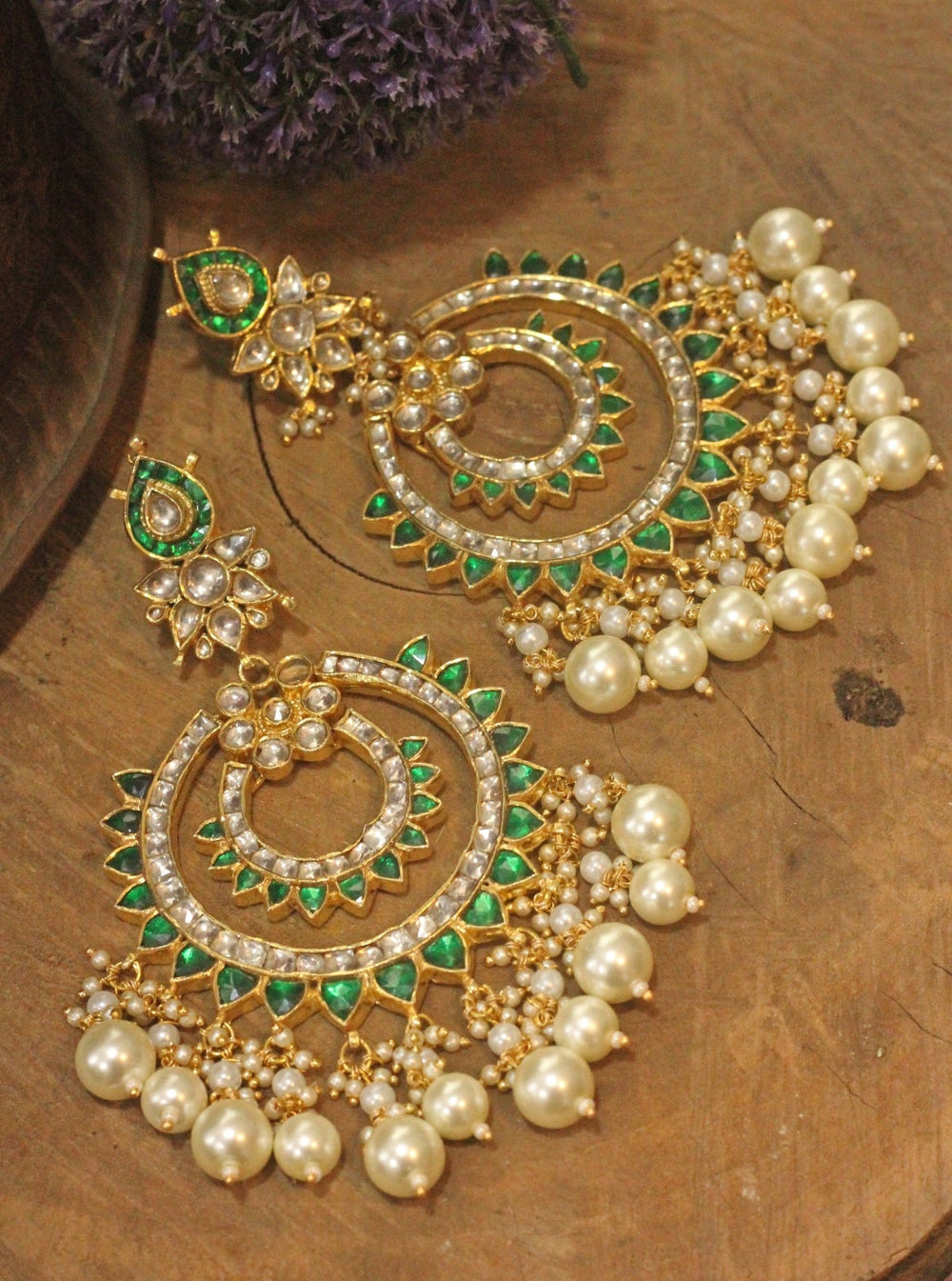 Gold Plated Green Chandbali Earrings With White Pearl Kalyani Indian Jewelry - Fabilicious Fashion