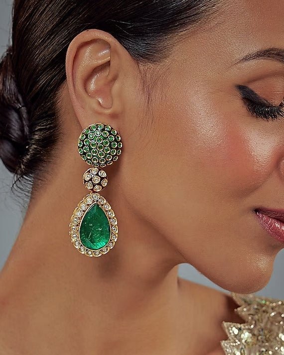Gold Plated Green Drop Kundan Earrings Vivinia by Vidhi Mehra - Fabilicious Fashion
