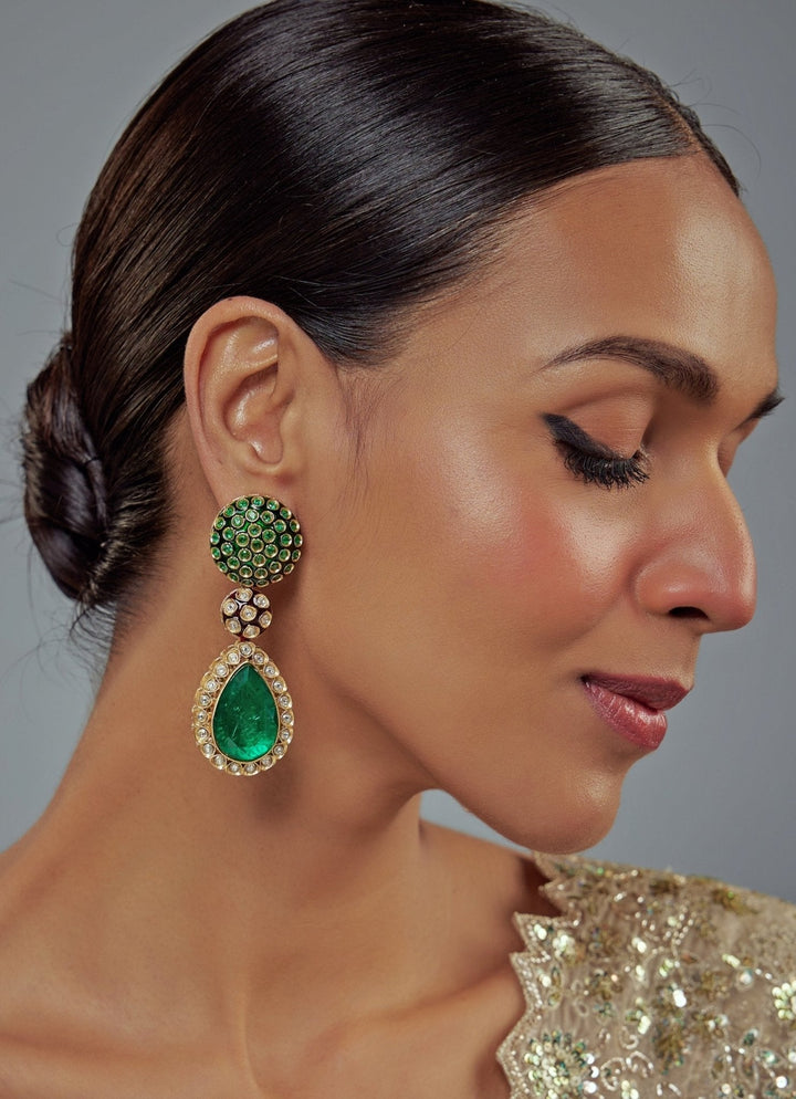 Gold Plated Green Drop Kundan Earrings Vivinia by Vidhi Mehra - Fabilicious Fashion