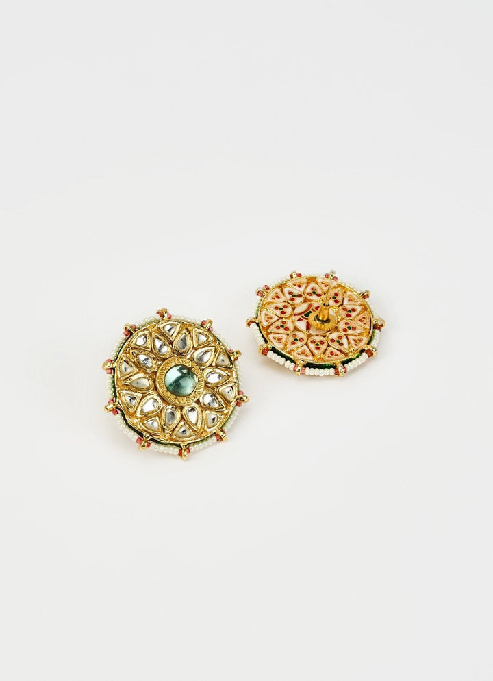 Gold Plated Green Emerald Kundan And Polki Stud Earrings Vivinia by Vidhi Mehra - Fabilicious Fashion