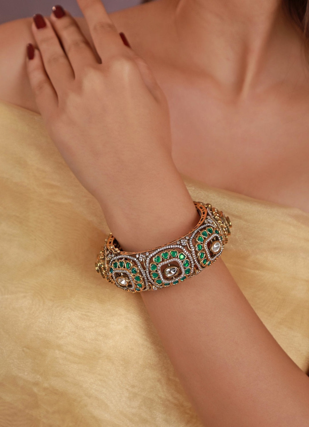 Gold Plated Green Jadau Kada Bangle Kalyani Indian Jewelry - Fabilicious Fashion