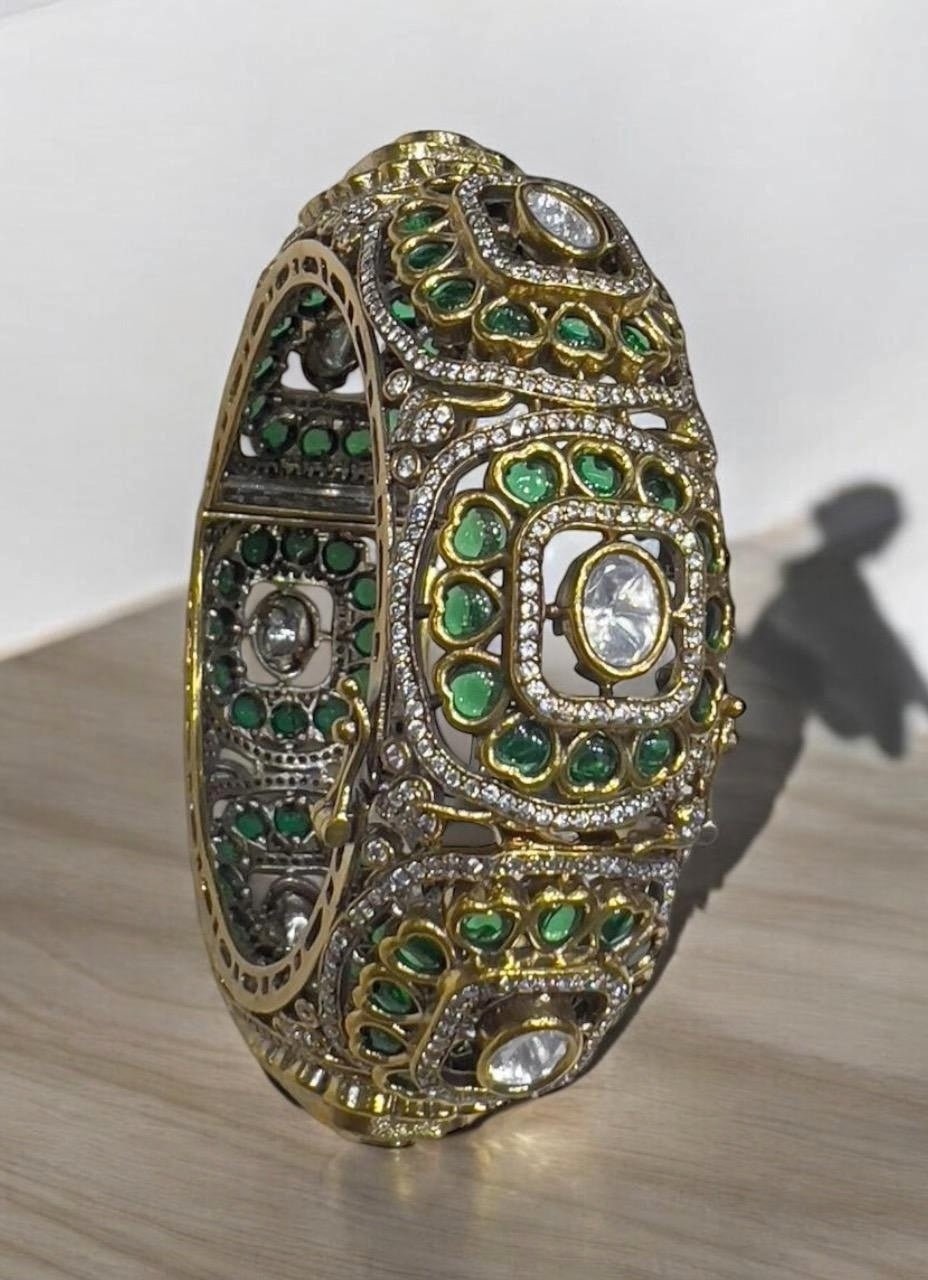 Gold Plated Green Jadau Kada Bangle Kalyani Indian Jewelry - Fabilicious Fashion