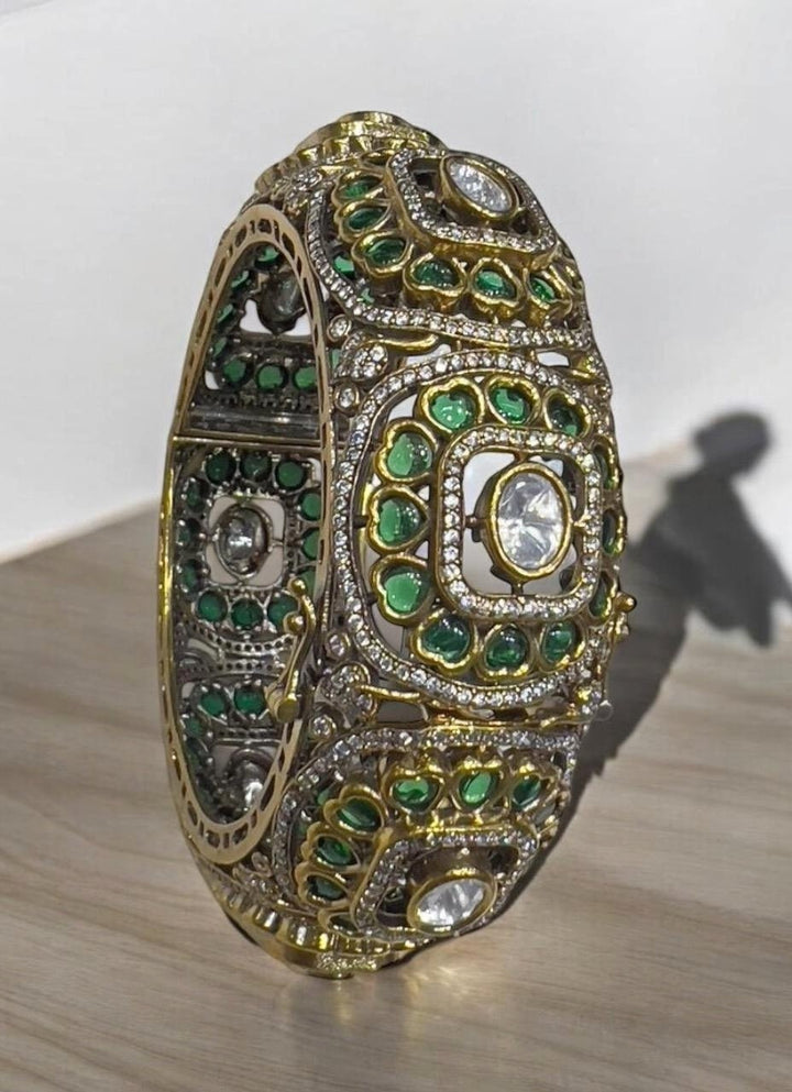 Gold Plated Green Jadau Kada Bangle Kalyani Indian Jewelry - Fabilicious Fashion