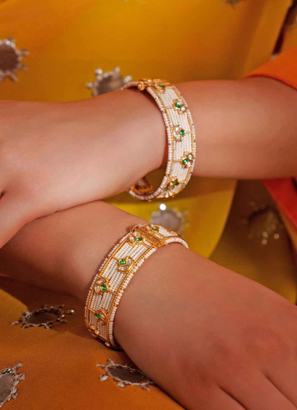 Gold Plated Green Kundan And Beaded Openable Bangle Set Zevar by Geeta - Fabilicious Fashion