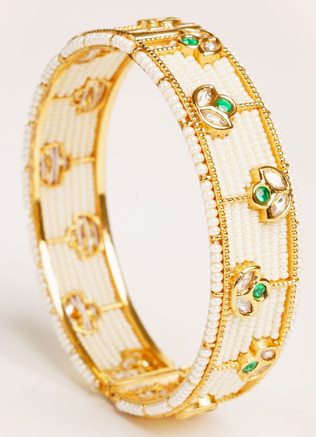 Gold Plated Green Kundan And Beaded Openable Bangle Set Zevar by Geeta - Fabilicious Fashion