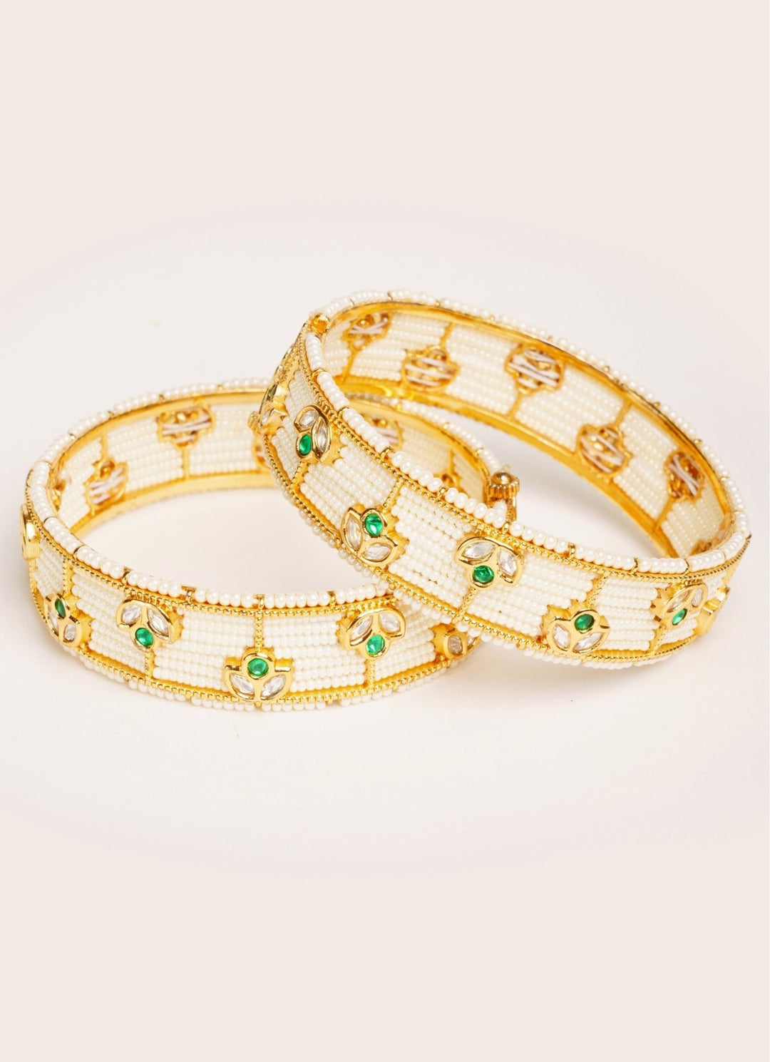 Gold Plated Green Kundan And Beaded Openable Bangle Set Zevar by Geeta - Fabilicious Fashion