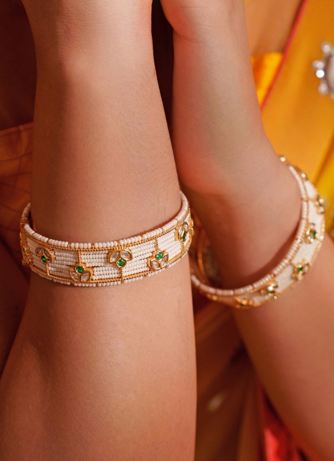 Gold Plated Green Kundan And Beaded Openable Bangle Set Zevar by Geeta - Fabilicious Fashion