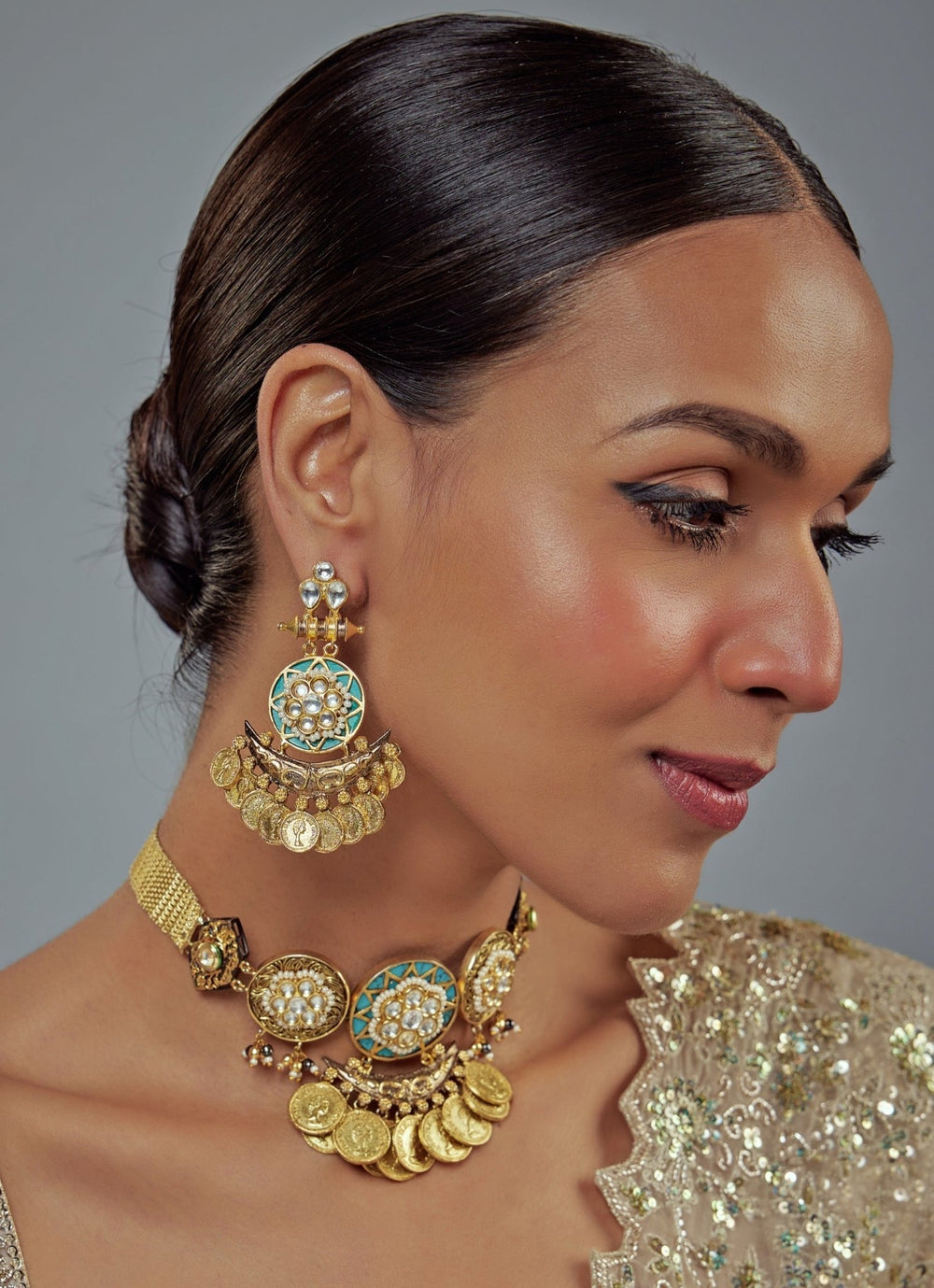 Gold Plated Green Kundan And Coin Choker Necklace Set Vivinia by Vidhi Mehra - Fabilicious Fashion