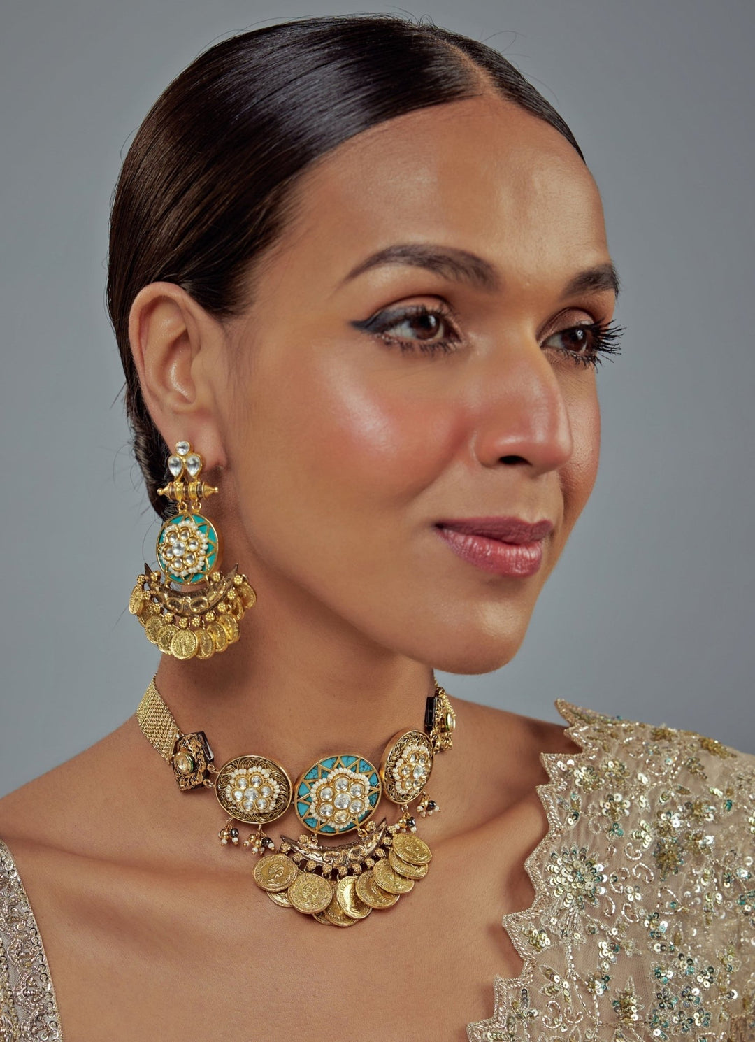 Gold Plated Green Kundan And Coin Choker Necklace Set Vivinia by Vidhi Mehra - Fabilicious Fashion