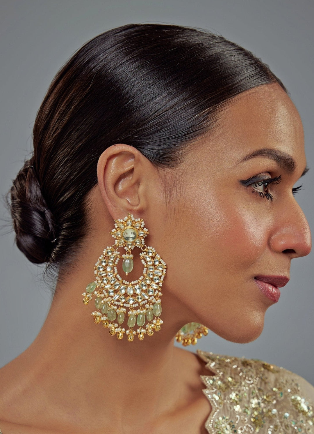 Gold Plated Green Kundan And Pearl Chandbali Earrings Vivinia by Vidhi Mehra - Fabilicious Fashion