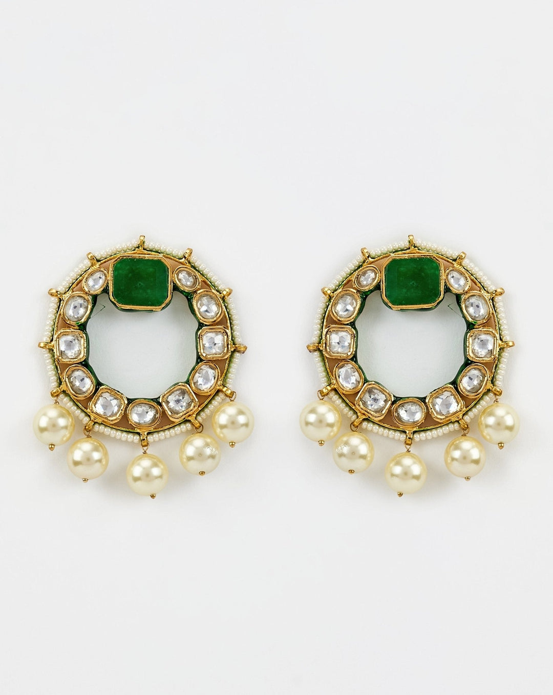 Gold Plated Green Kundan And Pearl Drop Earrings Vivinia by Vidhi Mehra - Fabilicious Fashion