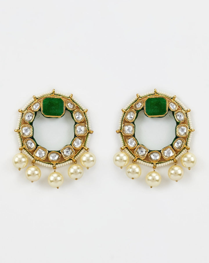 Gold Plated Green Kundan And Pearl Drop Earrings Vivinia by Vidhi Mehra - Fabilicious Fashion