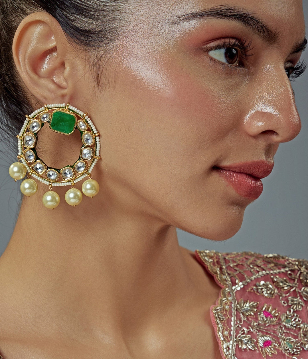 Gold Plated Green Kundan And Pearl Drop Earrings Vivinia by Vidhi Mehra - Fabilicious Fashion