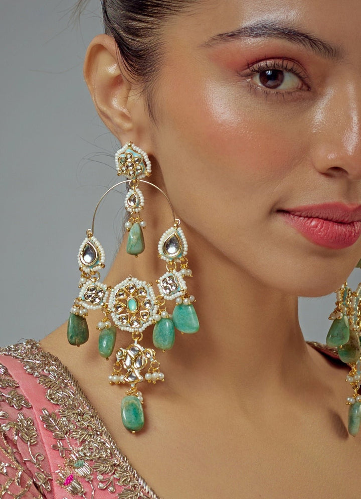 Gold Plated Green Kundan And Polki Dangler Earrings Vivinia by Vidhi Mehra - Fabilicious Fashion