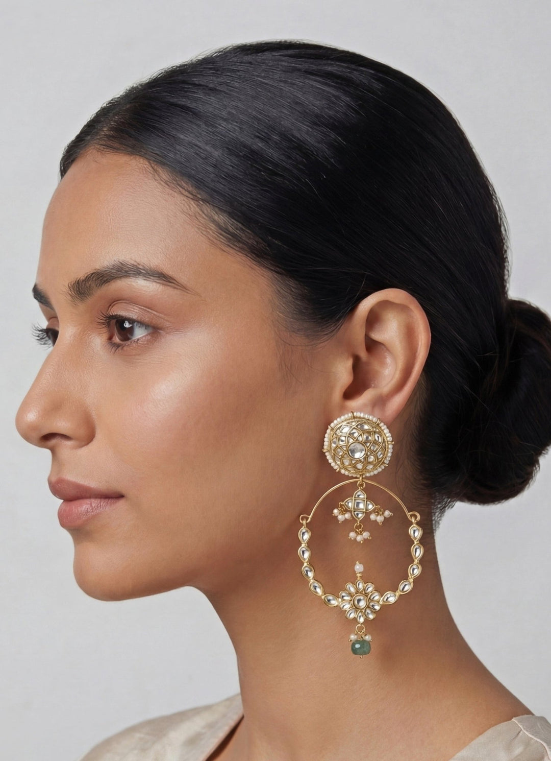 Zevar by Geeta Gold Plated Green Kundan Flower ChandbaaliFabilicious Fashion