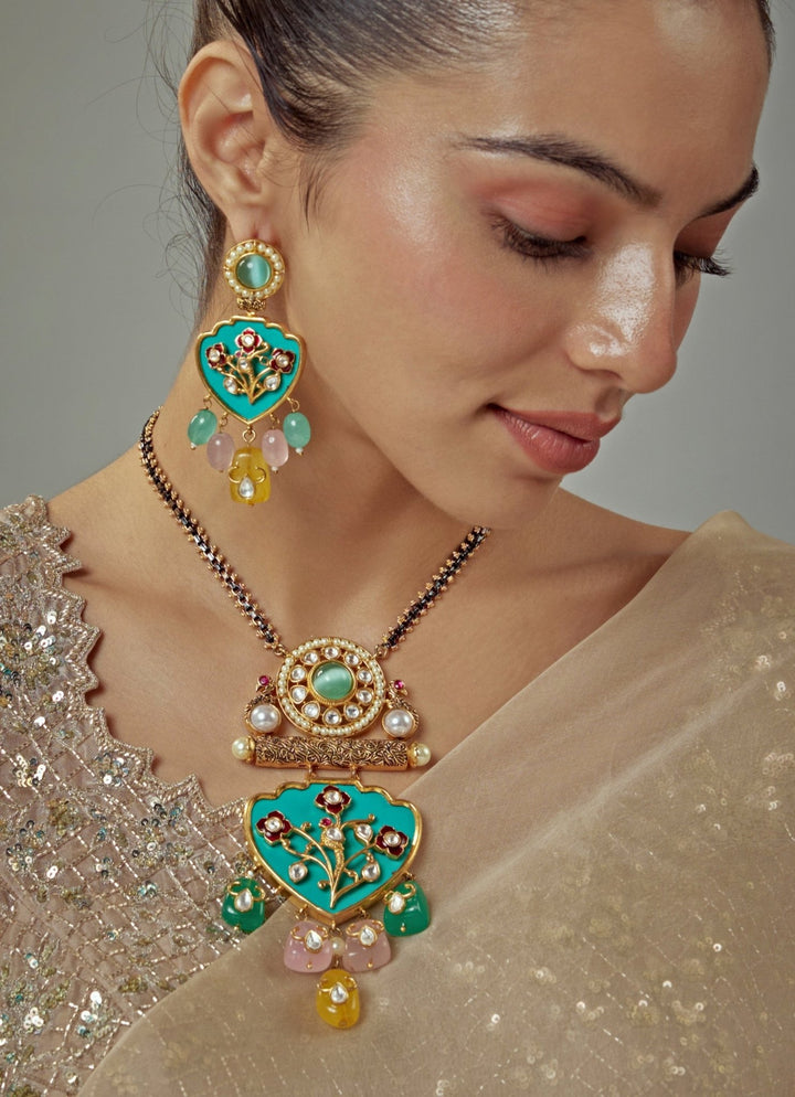 Gold Plated Green Kundan Long Necklace Set With Pearl Hangings Vivinia by Vidhi Mehra - Fabilicious Fashion