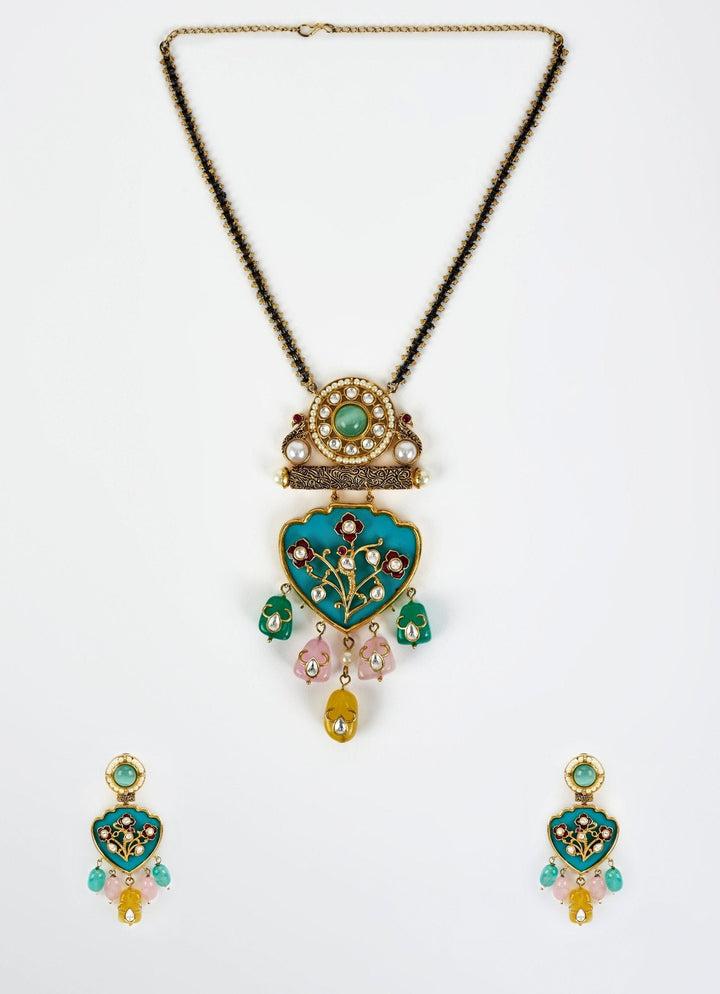 Gold Plated Green Kundan Long Necklace Set With Pearl Hangings Vivinia by Vidhi Mehra - Fabilicious Fashion