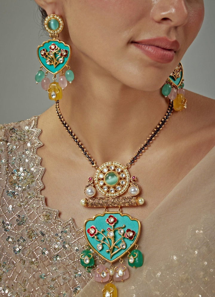 Gold Plated Green Kundan Long Necklace Set With Pearl Hangings Vivinia by Vidhi Mehra - Fabilicious Fashion