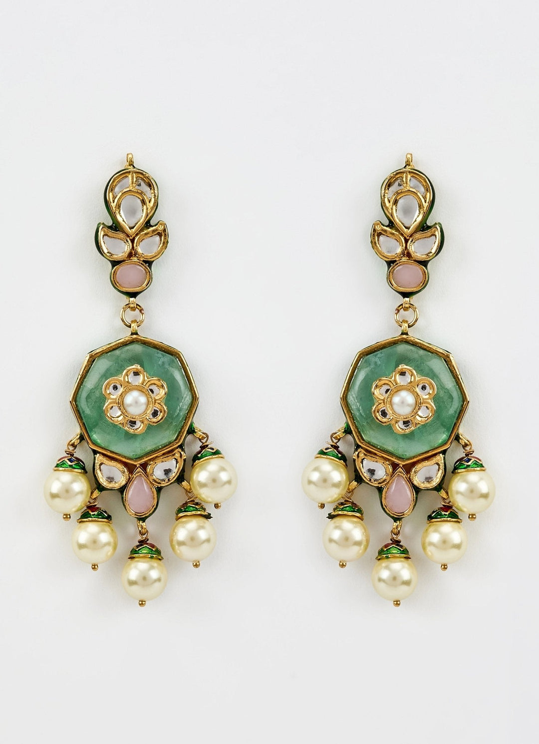 Gold Plated Green Kundan Pearl Drop Earrings Vivinia by Vidhi Mehra - Fabilicious Fashion