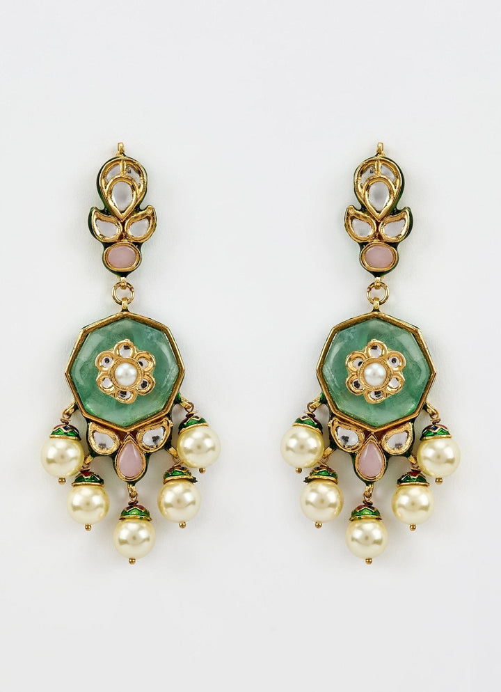 Gold Plated Green Kundan Pearl Drop Earrings Vivinia by Vidhi Mehra - Fabilicious Fashion
