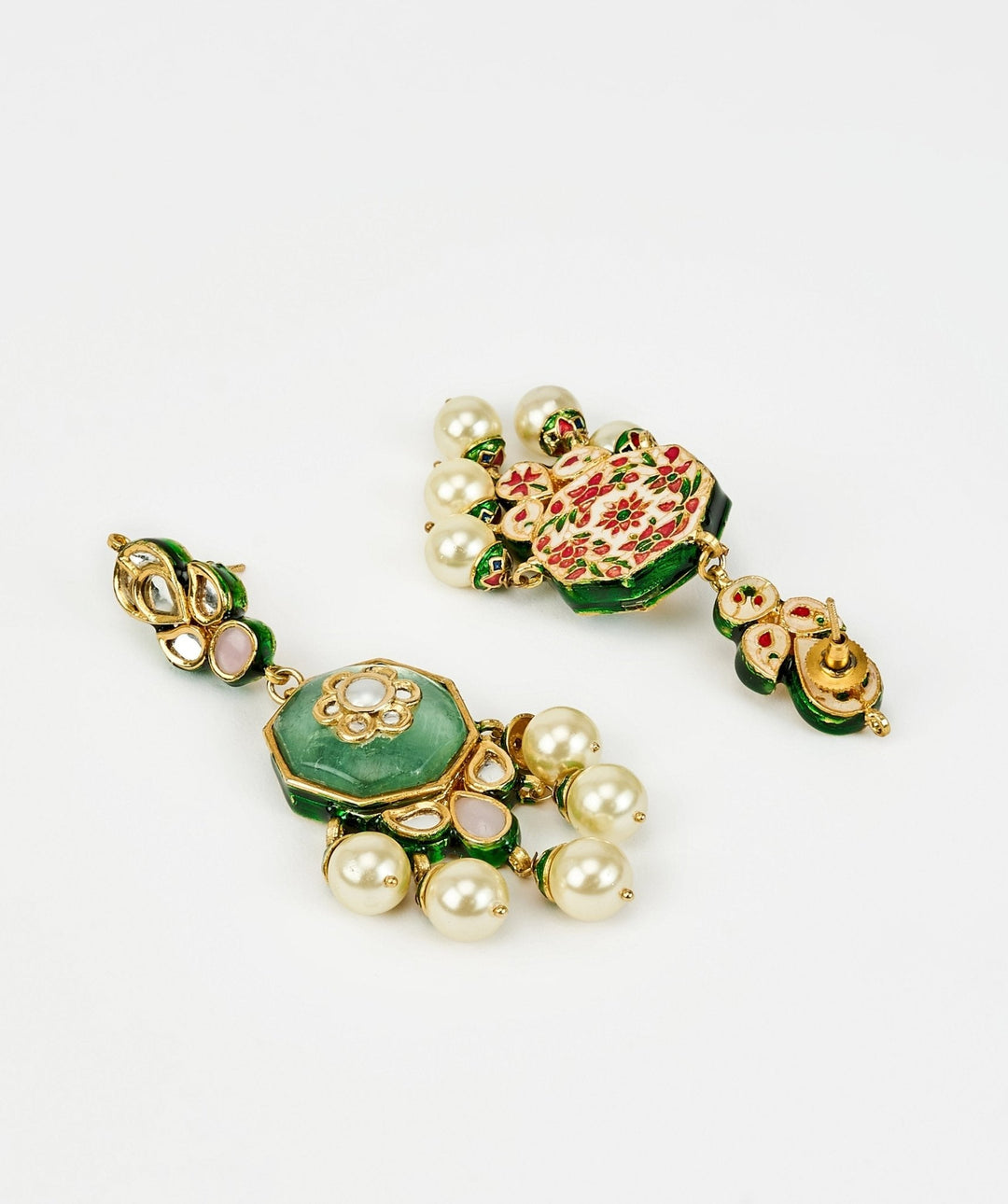 Gold Plated Green Kundan Pearl Drop Earrings Vivinia by Vidhi Mehra - Fabilicious Fashion