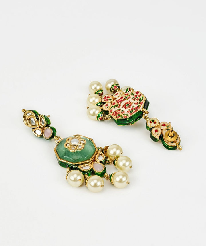 Gold Plated Green Kundan Pearl Drop Earrings Vivinia by Vidhi Mehra - Fabilicious Fashion
