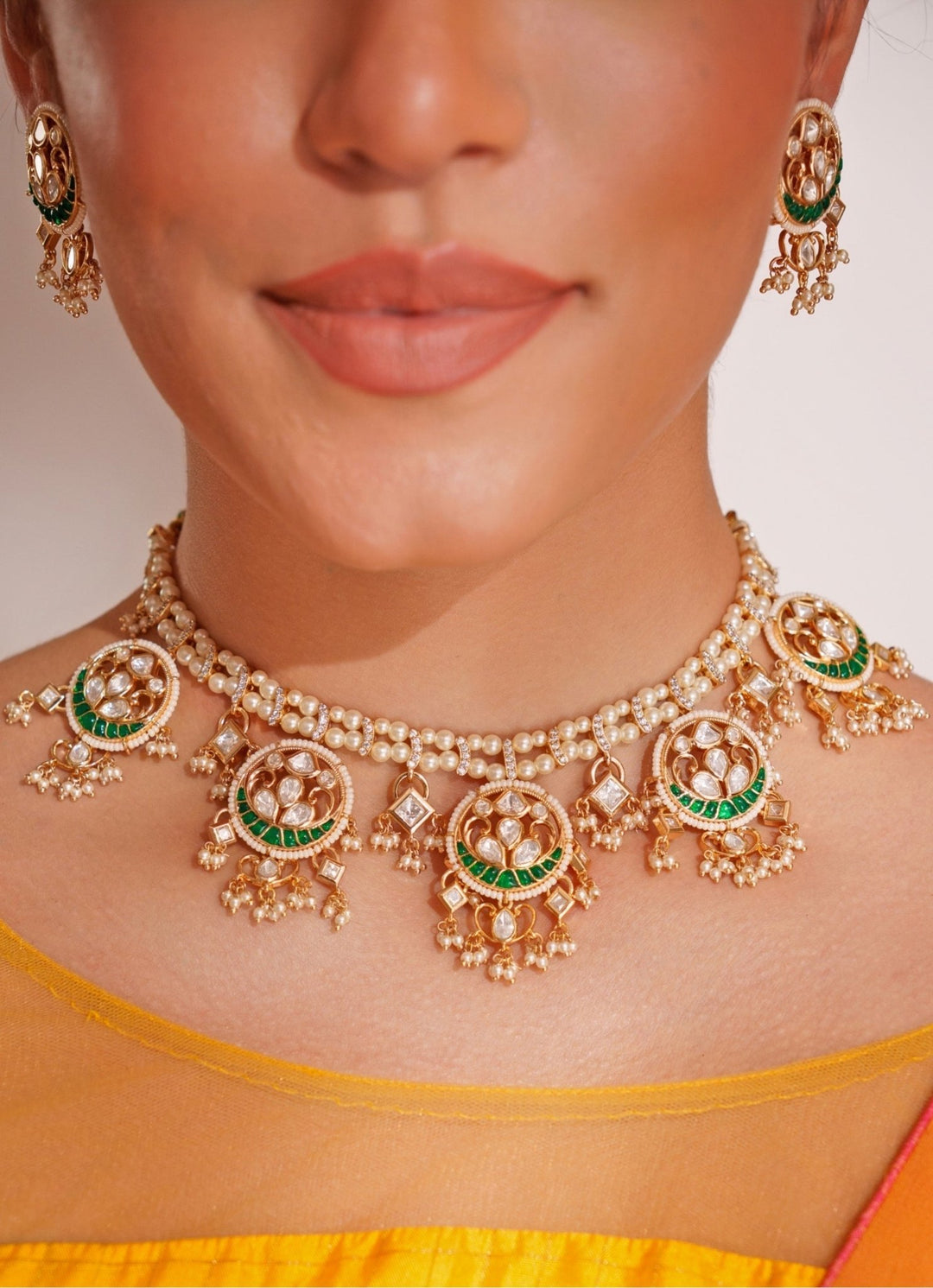 Gold Plated Green Kundan Polki Necklace Set With White Beads Zevar by Geeta - Fabilicious Fashion