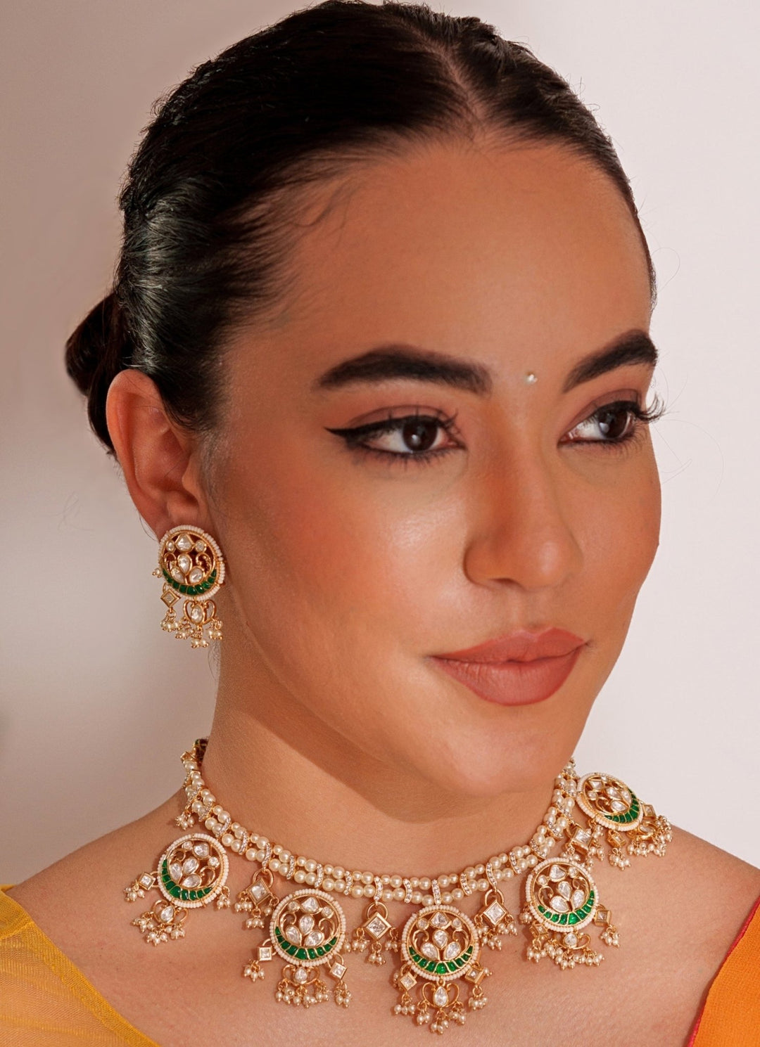 Gold Plated Green Kundan Polki Necklace Set With White Beads Zevar by Geeta - Fabilicious Fashion