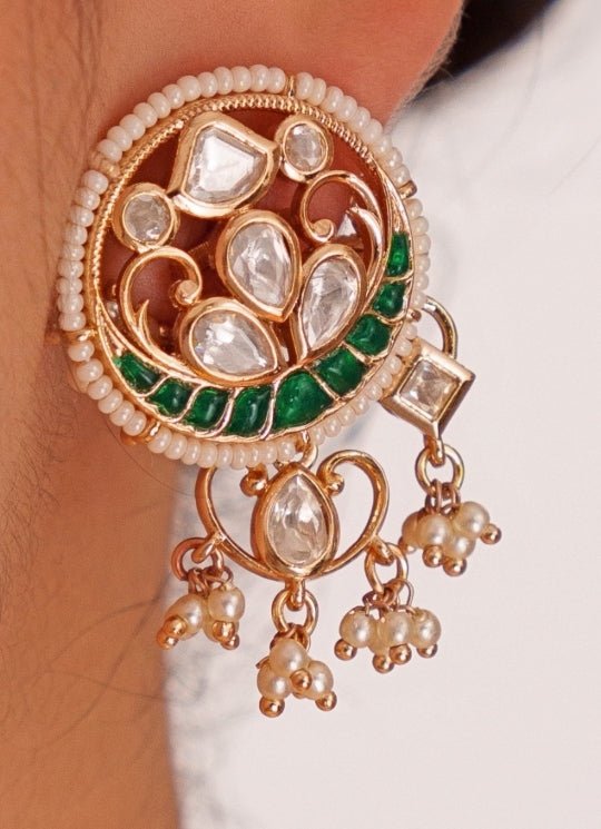 Gold Plated Green Kundan Polki Necklace Set With White Beads Zevar by Geeta - Fabilicious Fashion