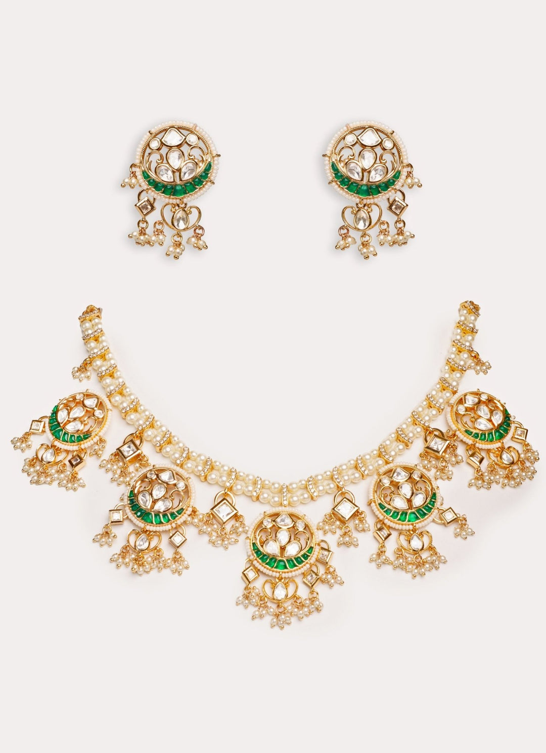 Gold Plated Green Kundan Polki Necklace Set With White Beads Zevar by Geeta - Fabilicious Fashion