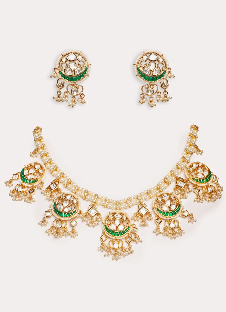 Gold Plated Green Kundan Polki Necklace Set With White Beads Zevar by Geeta - Fabilicious Fashion