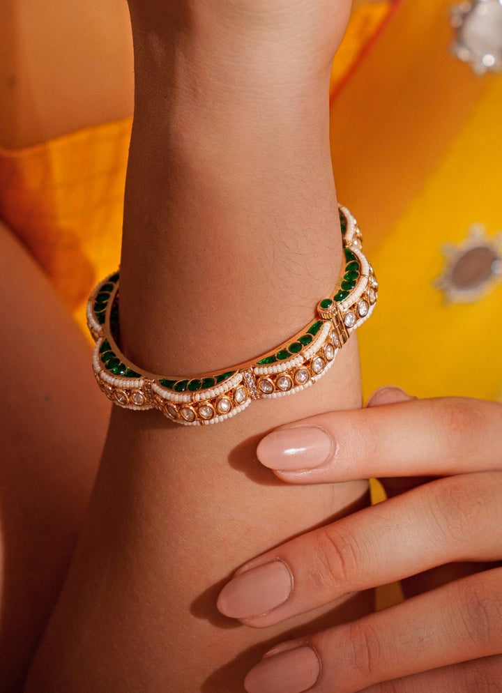 Gold Plated Green Kundan Polki Openable Bangle Set Zevar by Geeta - Fabilicious Fashion