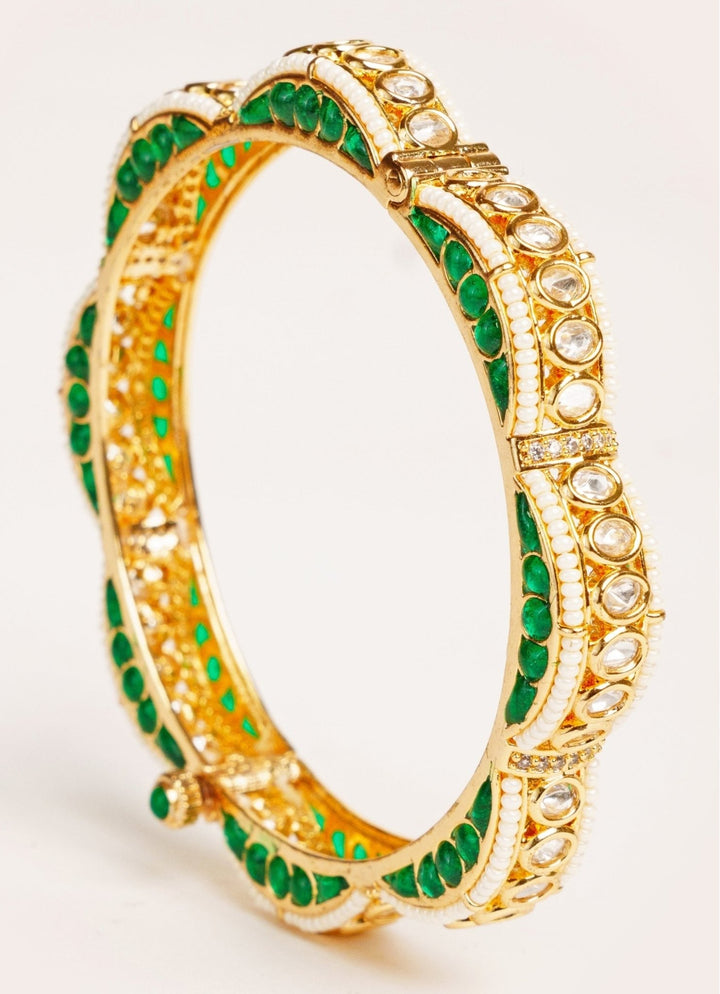 Gold Plated Green Kundan Polki Openable Bangle Set Zevar by Geeta - Fabilicious Fashion