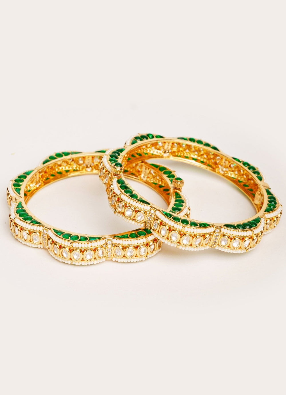 Gold Plated Green Kundan Polki Openable Bangle Set Zevar by Geeta - Fabilicious Fashion