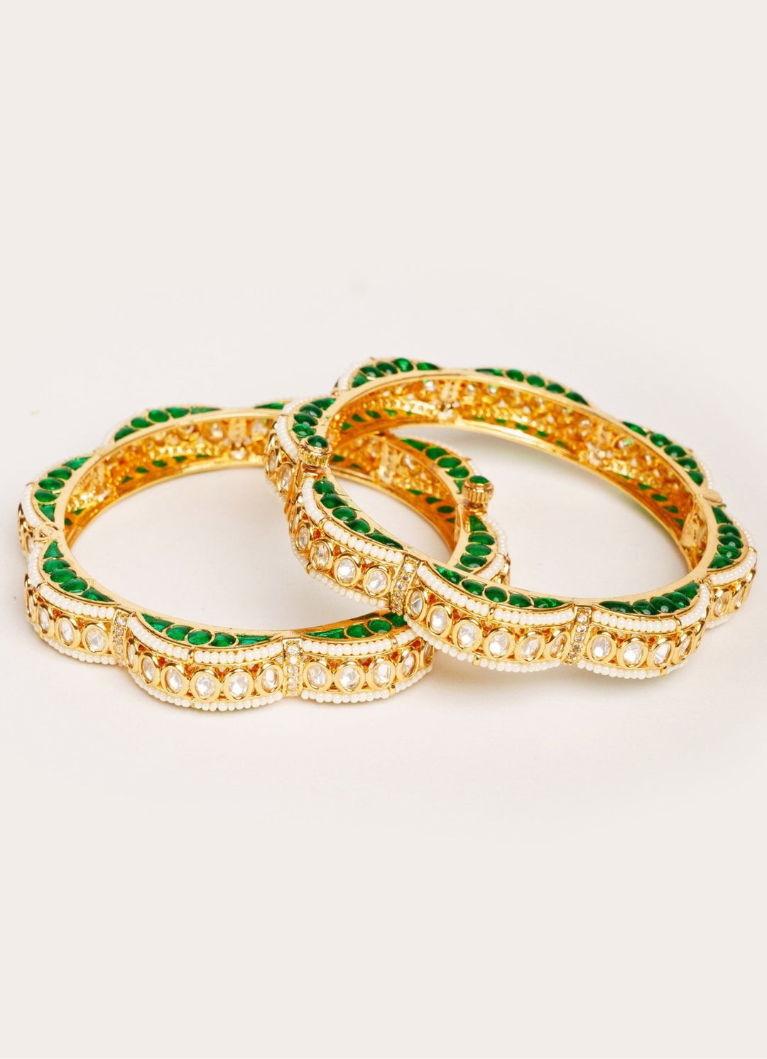 Gold Plated Green Kundan Polki Openable Bangle Set Zevar by Geeta - Fabilicious Fashion