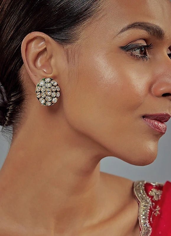 Gold Plated Green Kundan Studs Earrings Vivinia by Vidhi Mehra - Fabilicious Fashion