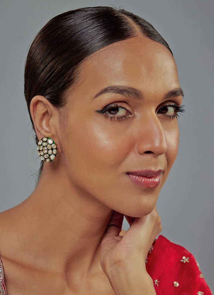 Gold Plated Green Kundan Studs Earrings Vivinia by Vidhi Mehra - Fabilicious Fashion