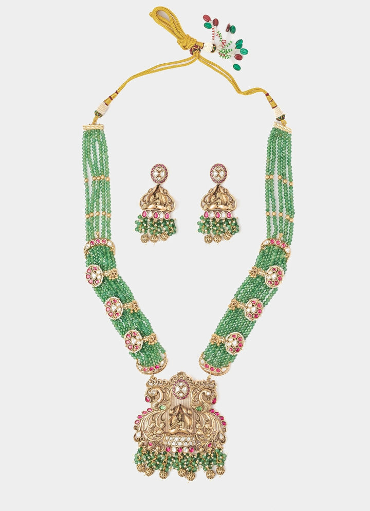 Gold Plated Green Long Necklace Set Vivinia by Vidhi Mehra - Fabilicious Fashion