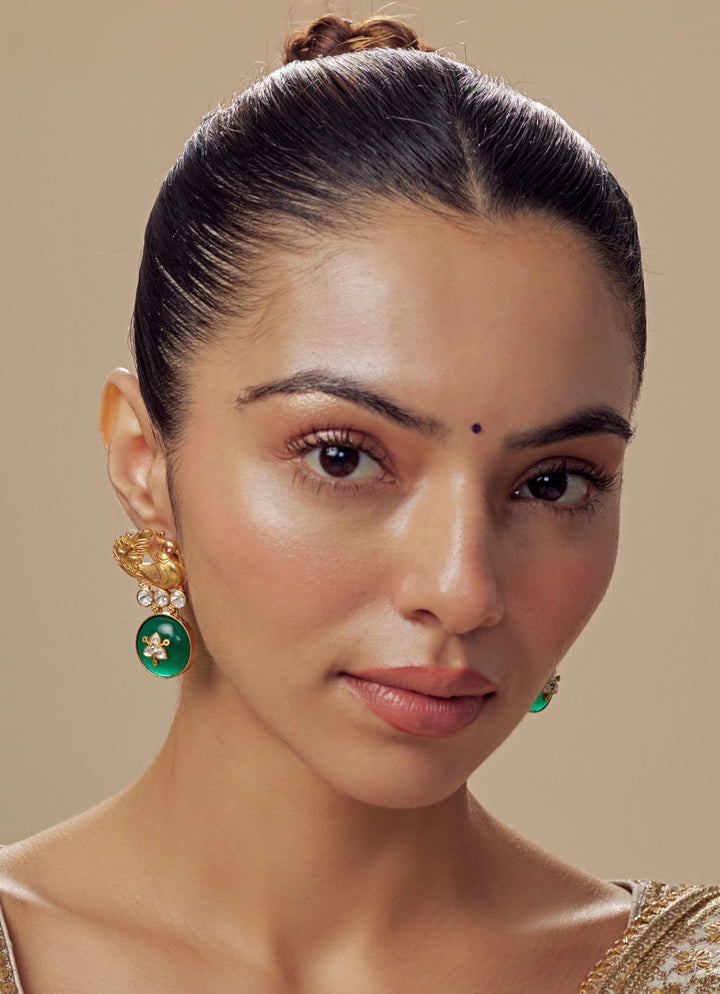 Gold Plated Green Peacock Earrings With Crystal Vivinia by Vidhi Mehra - Fabilicious Fashion