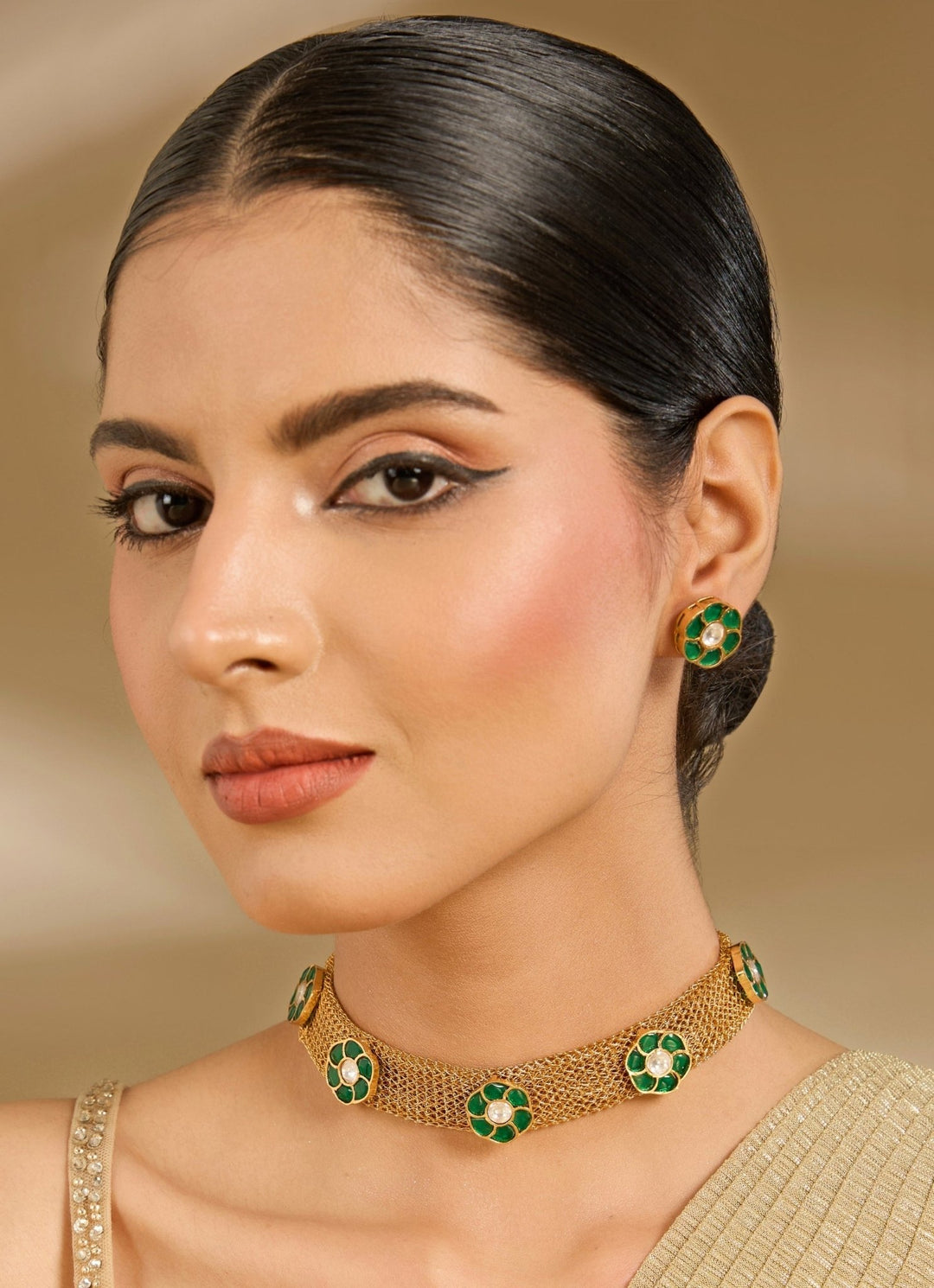 Gold Plated Green Stone Choker Set Vivinia By Vidhi Mehra - Fabilicious Fashion