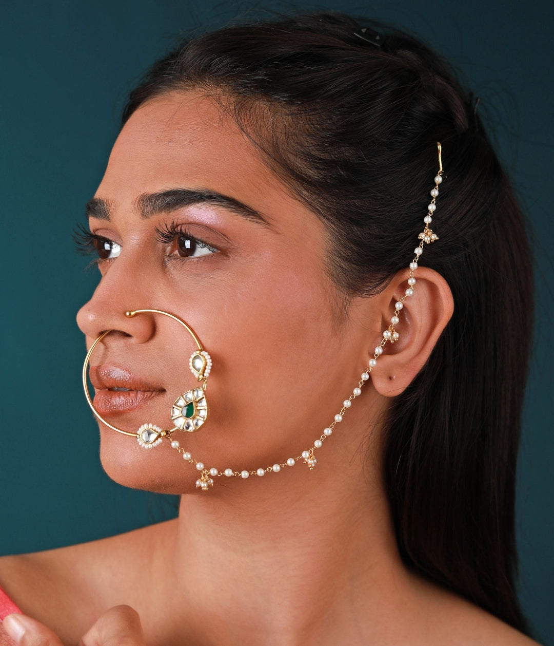 Gold Plated Green Stone Nath Riana by Shikha Jindal - Fabilicious Fashion