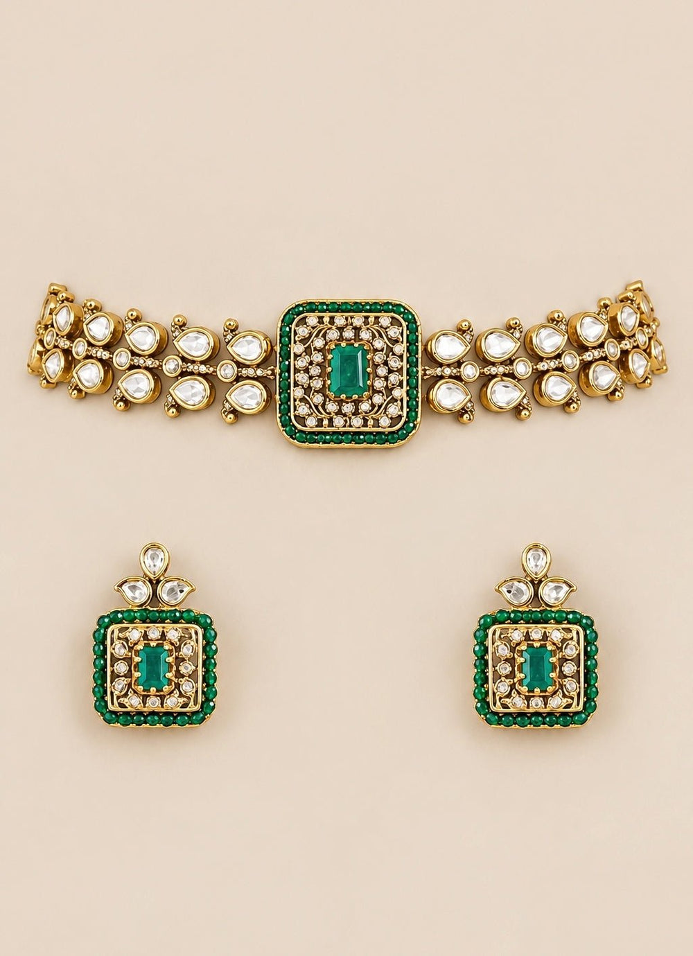 Zevar by Geeta Gold Plated Green Stone Polki Choker SetFabilicious Fashion