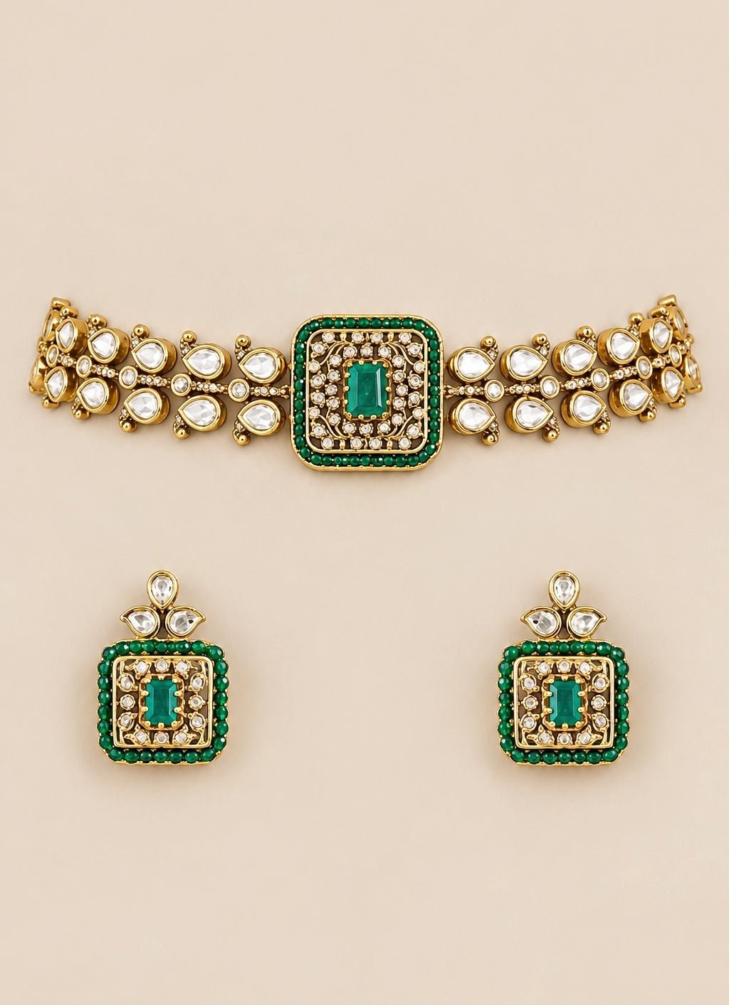 Zevar by Geeta Gold Plated Green Stone Polki Choker SetFabilicious Fashion