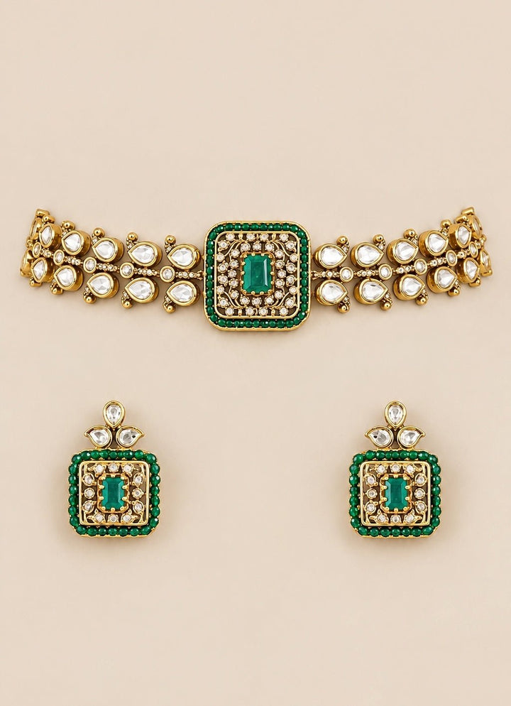 Zevar by Geeta Gold Plated Green Stone Polki Choker SetFabilicious Fashion
