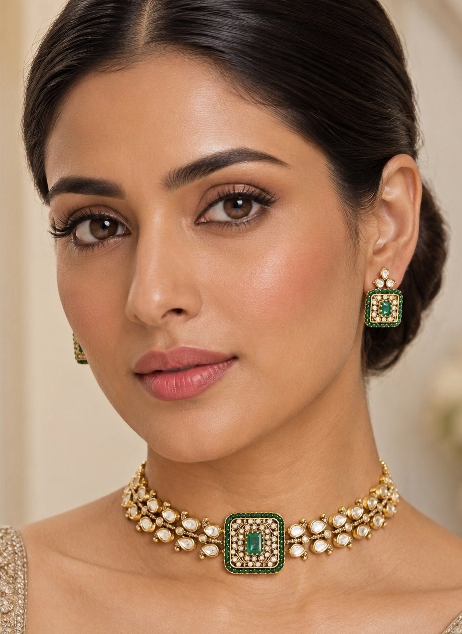 Zevar by Geeta Gold Plated Green Stone Polki Choker SetFabilicious Fashion