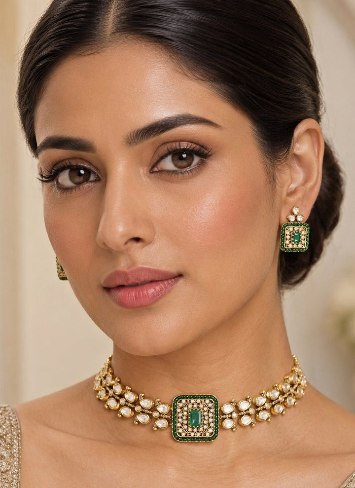 Zevar by Geeta Gold Plated Green Stone Polki Choker SetFabilicious Fashion