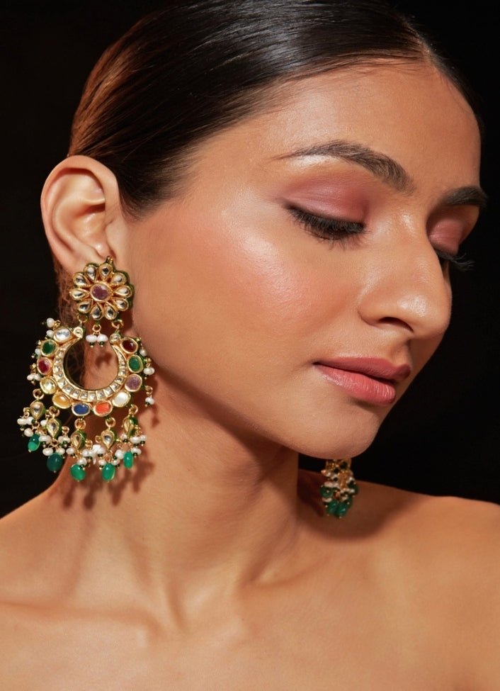 Gold Plated Hoop Earrings With Mutlicolour Stones Vivinia by Vidhi Mehra - Fabilicious Fashion