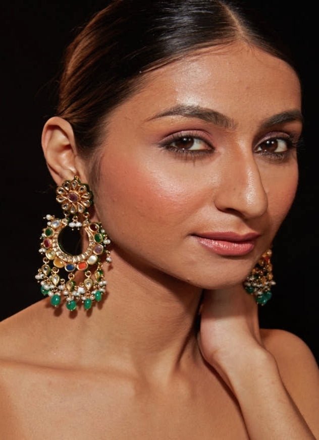 Gold Plated Hoop Earrings With Mutlicolour Stones Vivinia by Vidhi Mehra - Fabilicious Fashion