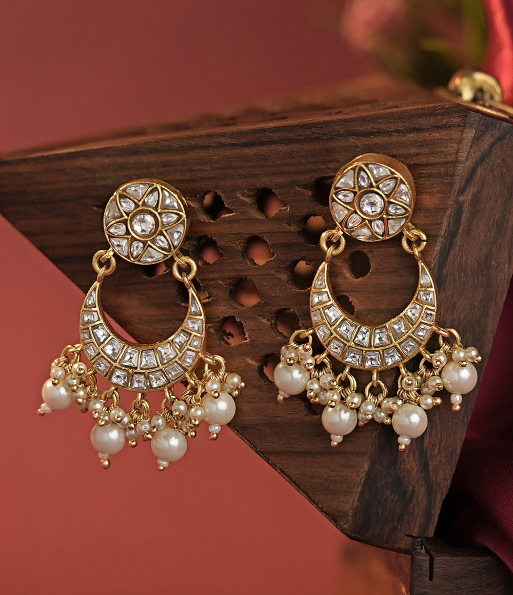 Gold Plated Jadau Chandbali Earrings With Pearl Hangings Kalyani Indian Jewelry - Fabilicious Fashion