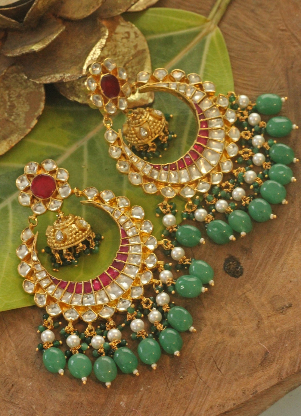 Gold Plated Jadau Chandbali With Sea Green Hangings Kalyani Indian Jewelry - Fabilicious Fashion
